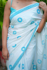 Light Grey & Blue mul cotton block printed saree