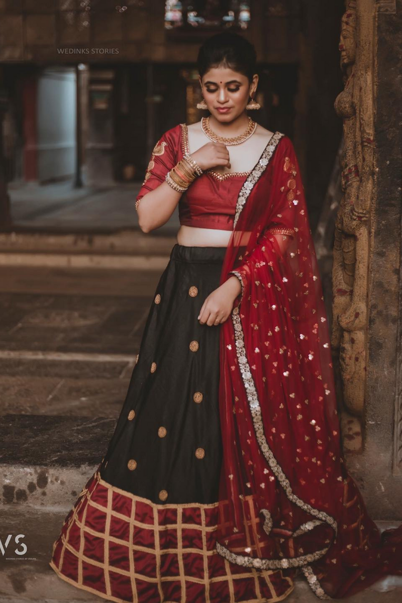 Marron & Black embroidery raw silk lehenga