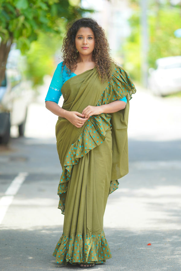 Mehndi Green mul cotton block printed ruffles saree