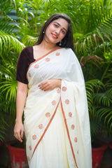 Off white & Brown mul cotton block printed saree