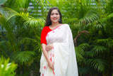 Off White and Red mul cotton block printed saree