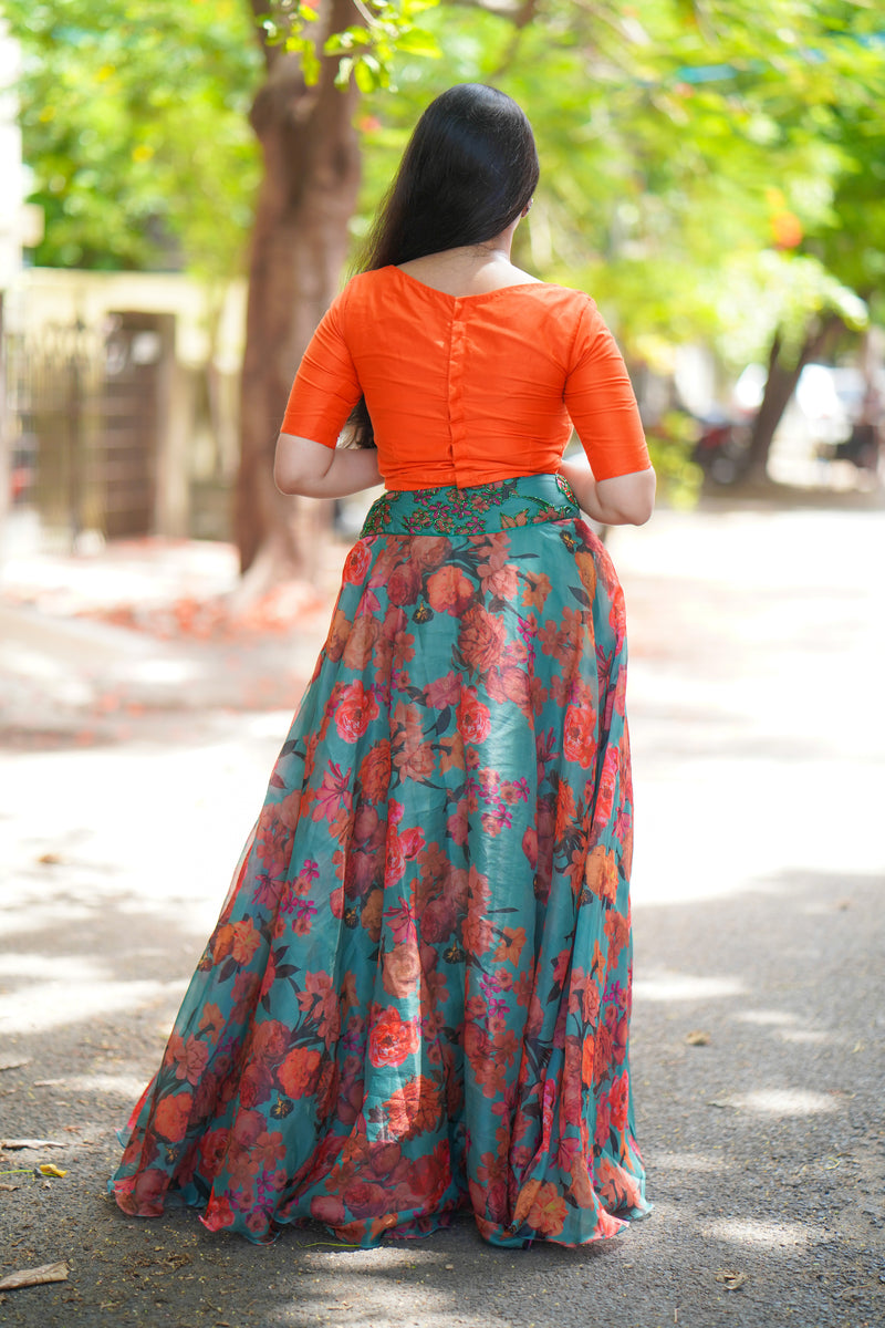 Blue Orange floral organza lehenga