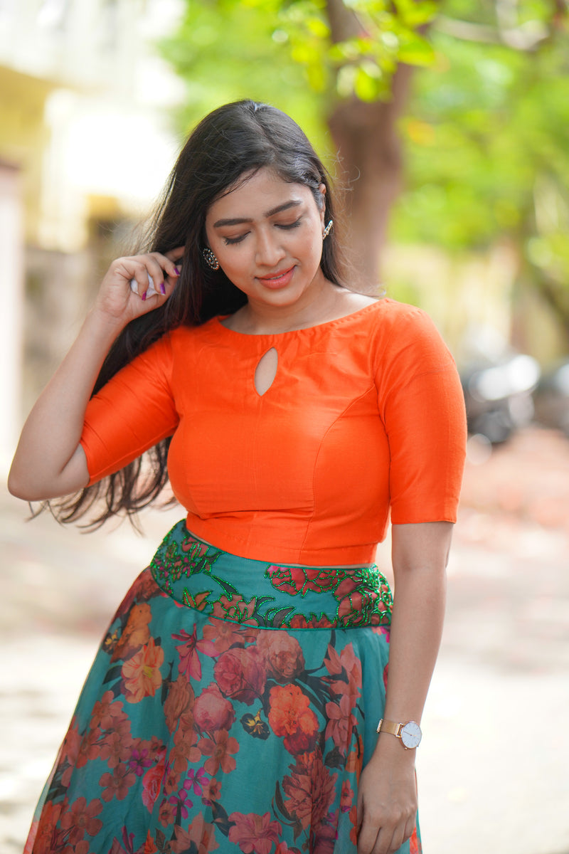 Blue Orange floral organza lehenga