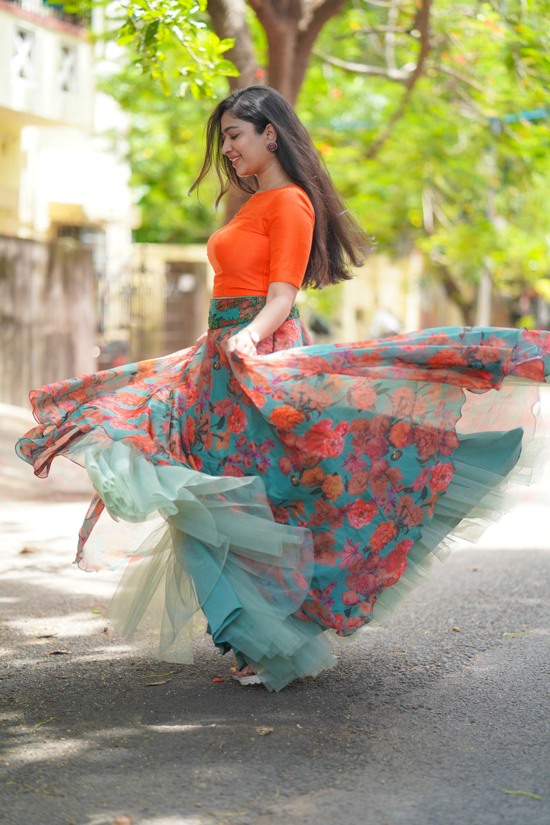 Blue Orange floral organza lehenga