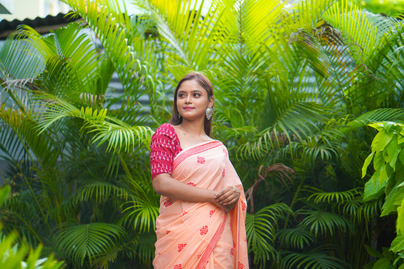 Peach and Red mul cotton block printed saree