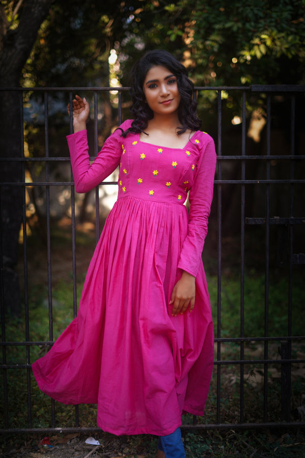 Pink Floral Embroidery Mul cotton dress (Top)