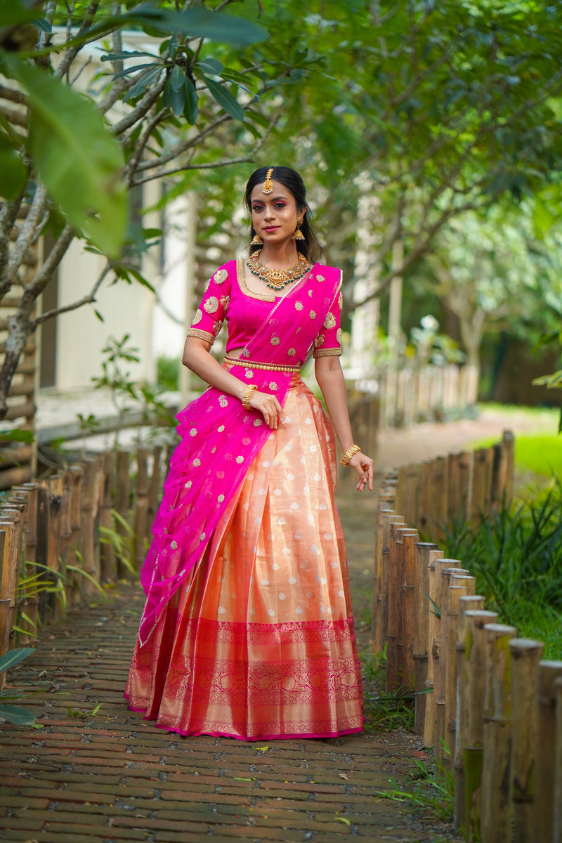 Pink Gold embroidery Silk lehenga