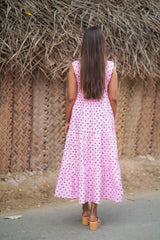 Pink Polka block printed mul cotton dress (Top)