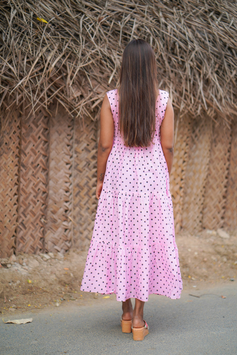 Pink Polka block printed mul cotton dress (Top)