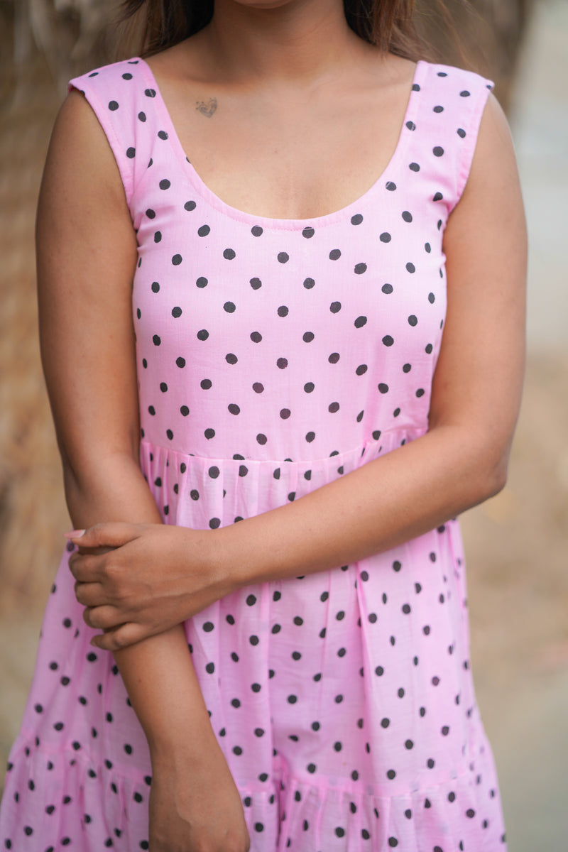 Pink Polka block printed mul cotton dress (Top)