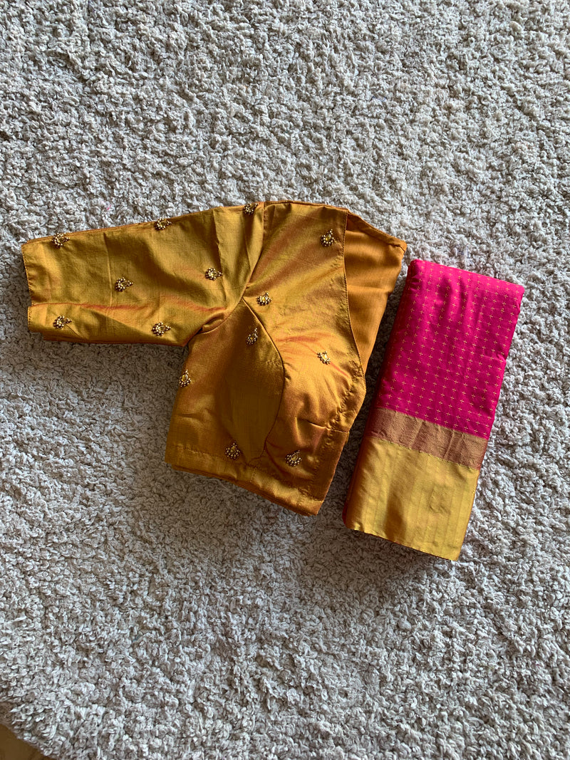 Pink Semi silk saree with Golden blouse