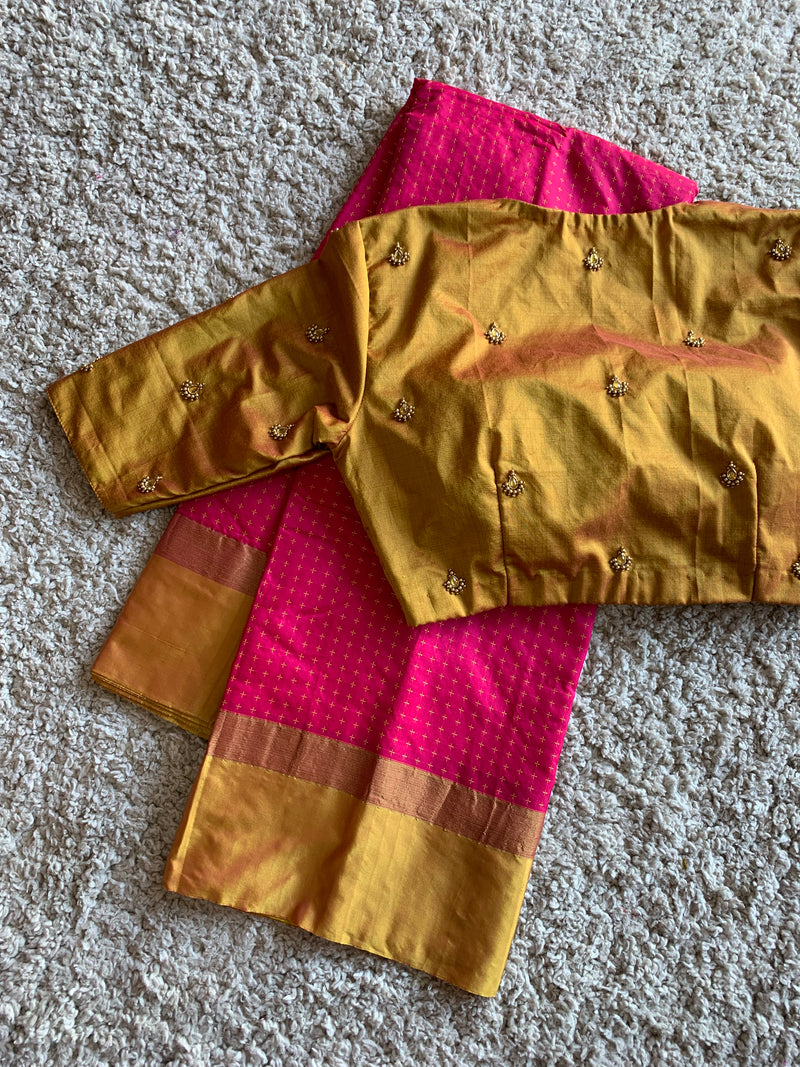 Pink Semi silk saree with Golden blouse