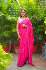Pink & Blue mul cotton block printed saree