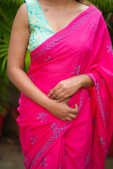 Pink & Blue mul cotton block printed saree