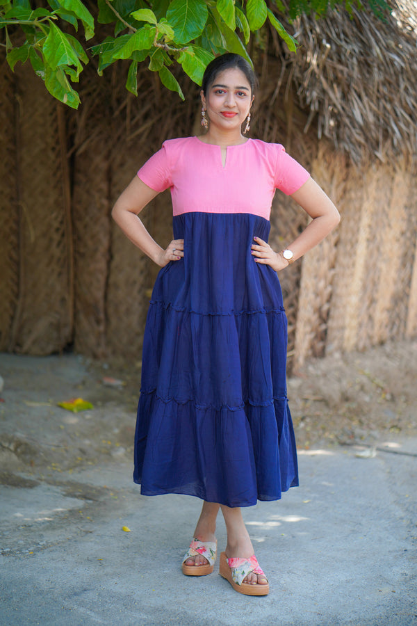Pink & Blue plain Mul cotton dress (Top)