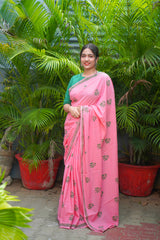 Pink & Green mul cotton block printed saree
