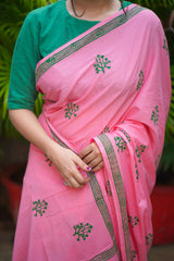 Pink & Green mul cotton block printed saree