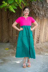 Pink & Green plain Mul cotton dress (Top)