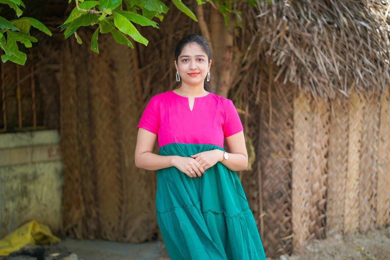 Pink & Green plain Mul cotton dress (Top)