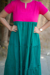 Pink & Green plain Mul cotton dress (Top)
