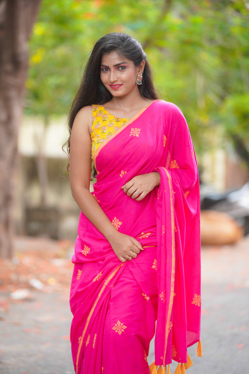 Pink mul cotton block printed saree