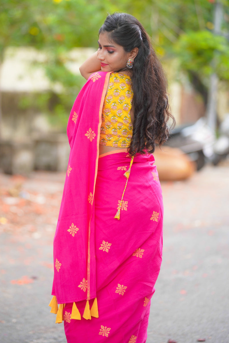 Pink mul cotton block printed saree