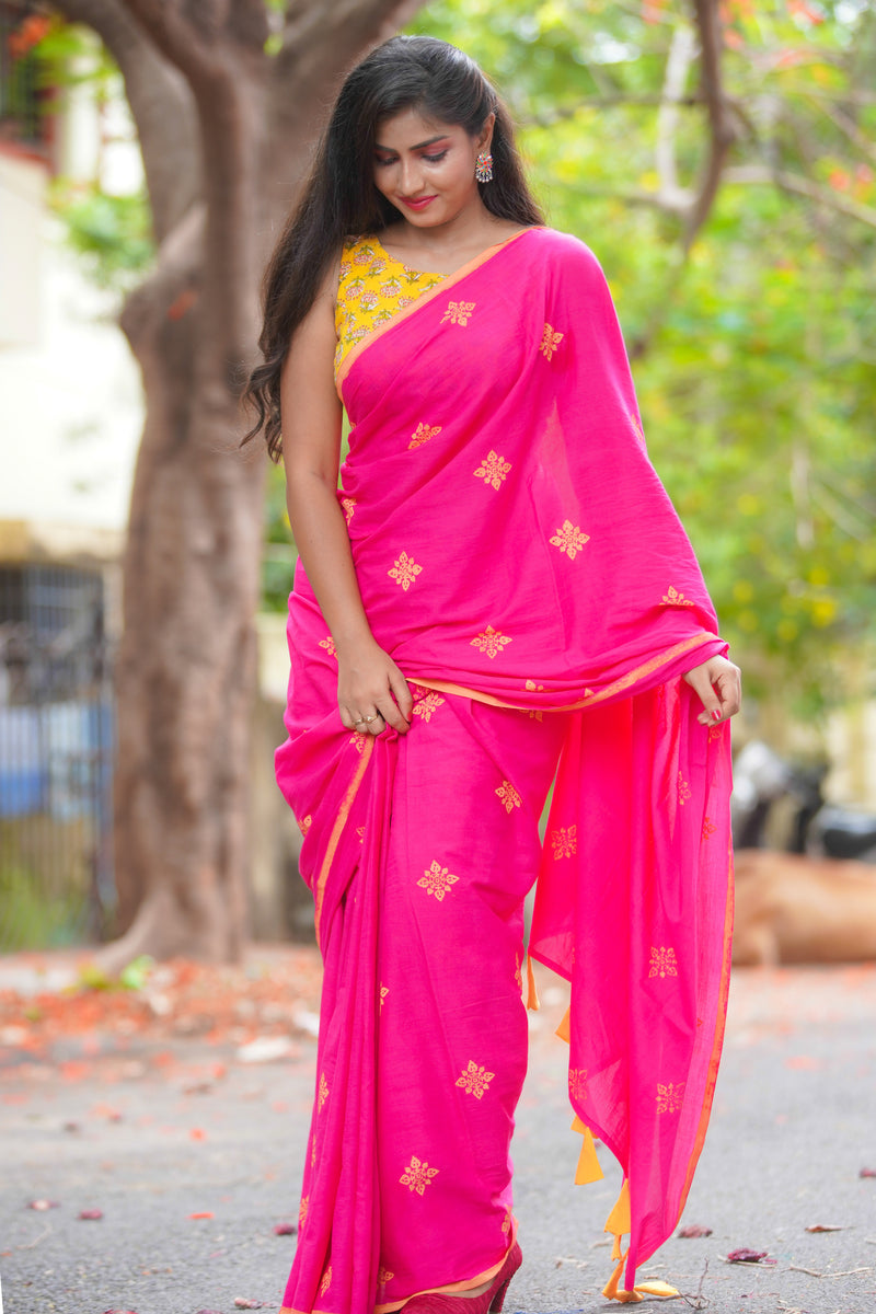 Pink mul cotton block printed saree