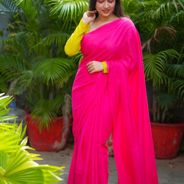 Satin Silk Dark Pink Plain Light Weight Saree |SARV165840