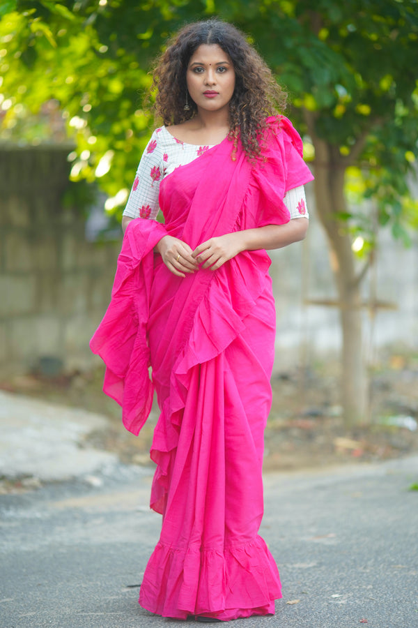 Pink plain ruffles mul cotton saree