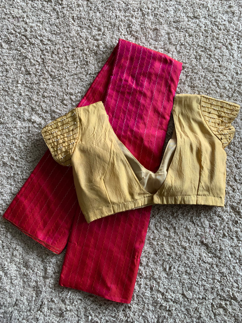 Pink silk saree with yellow blouse
