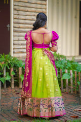 Purple Green Embroidery Silk lehenga