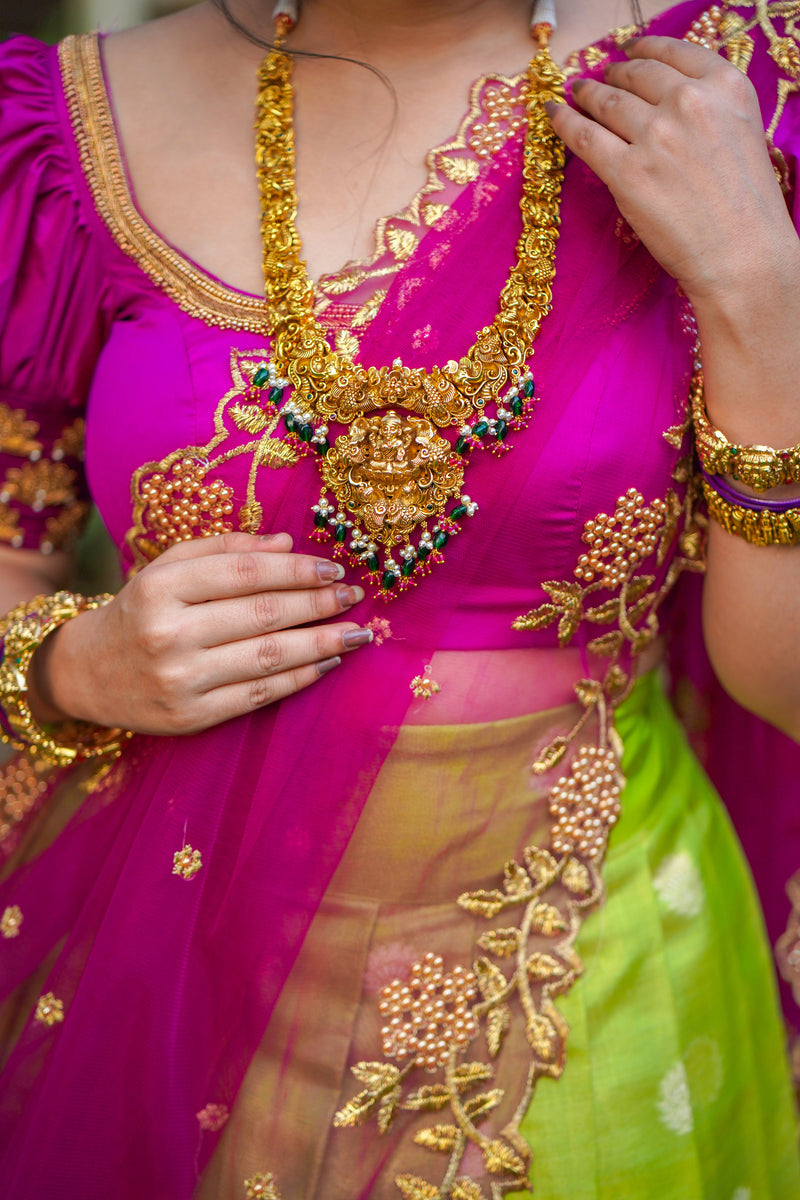 Purple Green Embroidery Silk lehenga