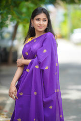 Purple mul cotton block printed saree
