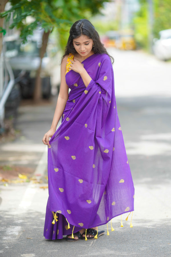 Purple mul cotton block printed saree
