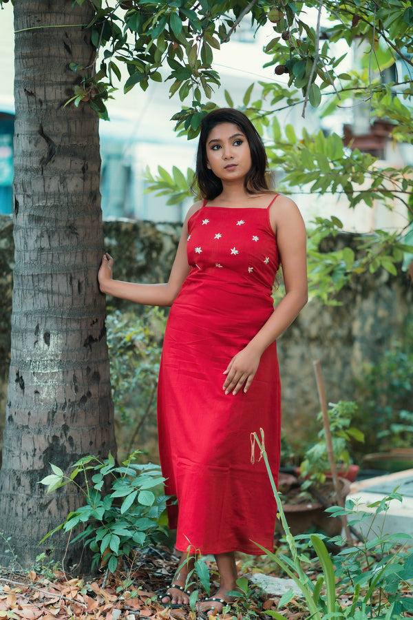 Red Embroidery Mul cotton dress