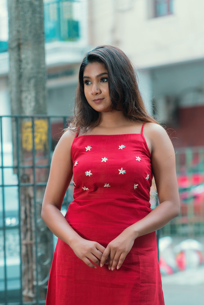 Red Embroidery Mul cotton dress