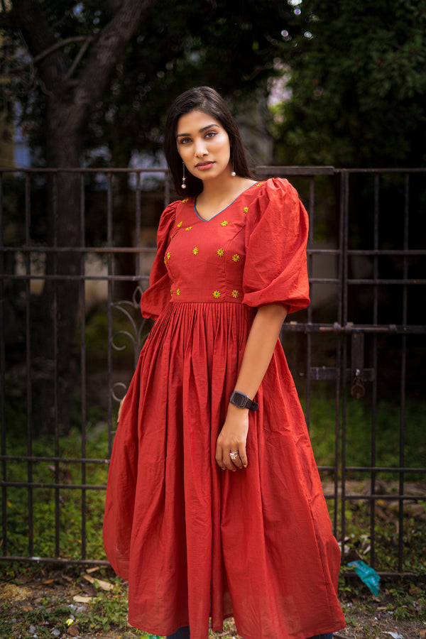 Red Embroidery Mul cotton dress (Top)