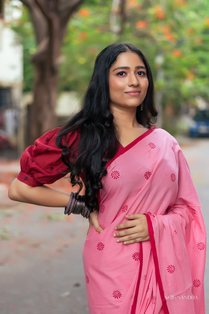 Red mul cotton block printed saree - YoshnasByEla 