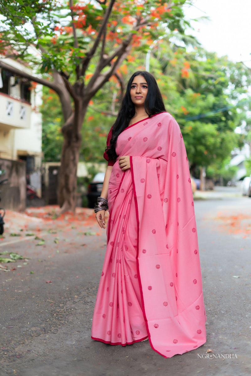 Red mul cotton block printed saree - YoshnasByEla 