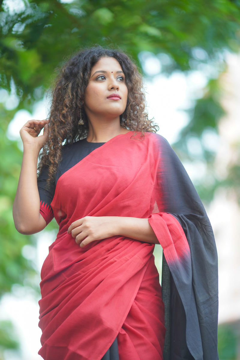 Red and Black shaded mul cotton saree