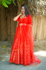 Red embroidery banaras lehenga