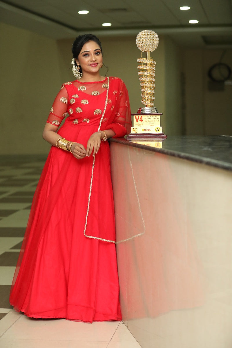 Red hand embroidery net anarkali