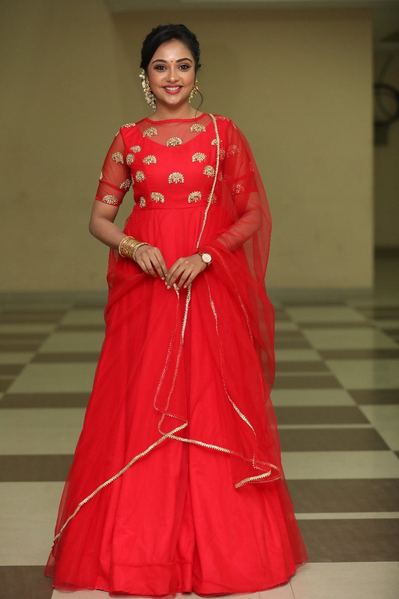 Red hand embroidery net anarkali