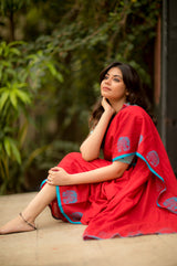 Red mul cotton block printed saree