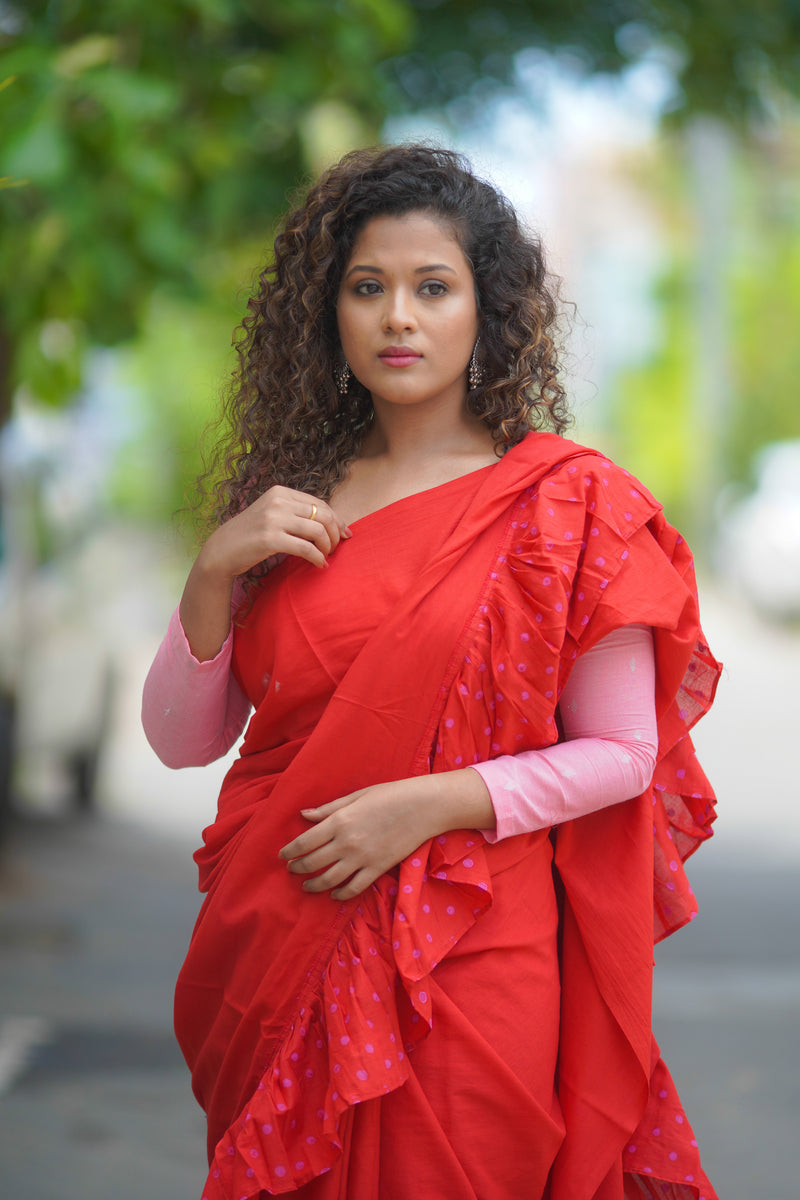 Red mul cotton ruffles saree