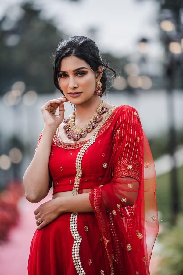 Red Hand embroidered organza lehenga - YoshnasByEla 