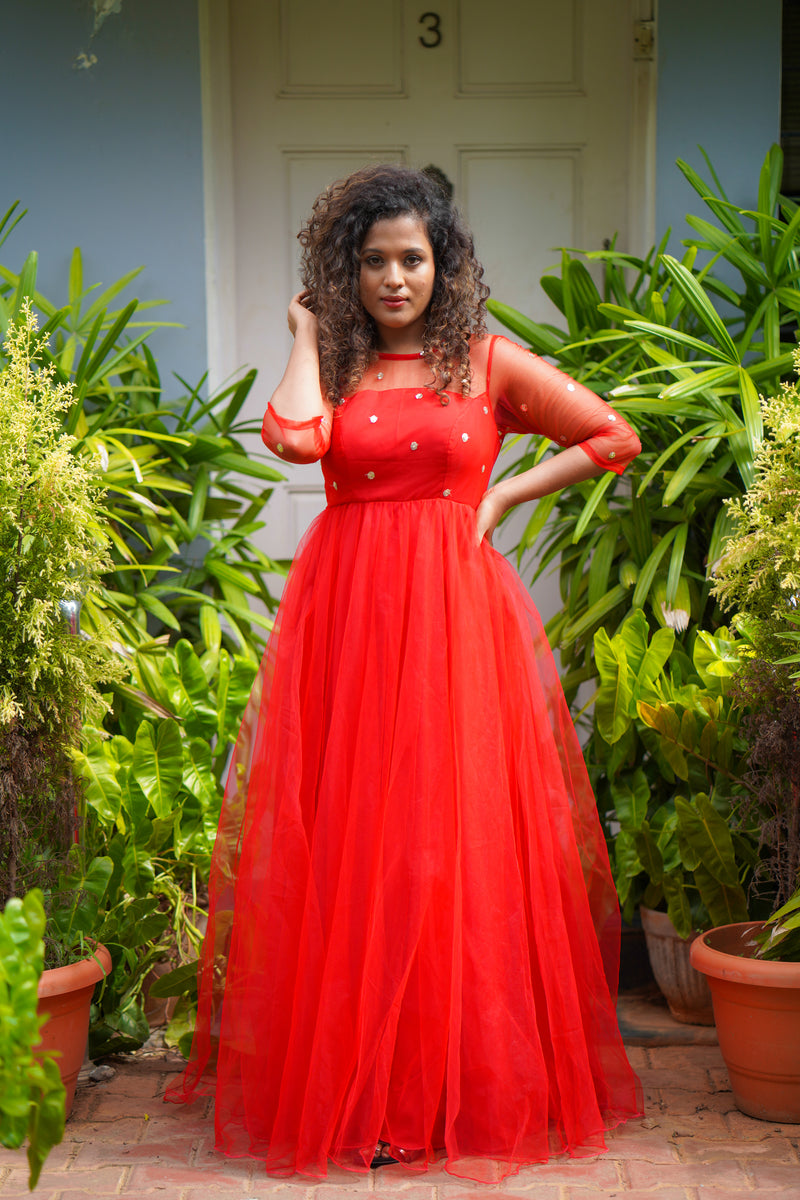Shivi designer - 💙*Red Net Gown*💙 Gown :- Net + Sequnce Work Material  with Cancan Size :- Free Size ( 40 + 2 inche Margin) Flair :- 10 Meter  Flair With Cancan Price : INR 2299+shipping | Facebook