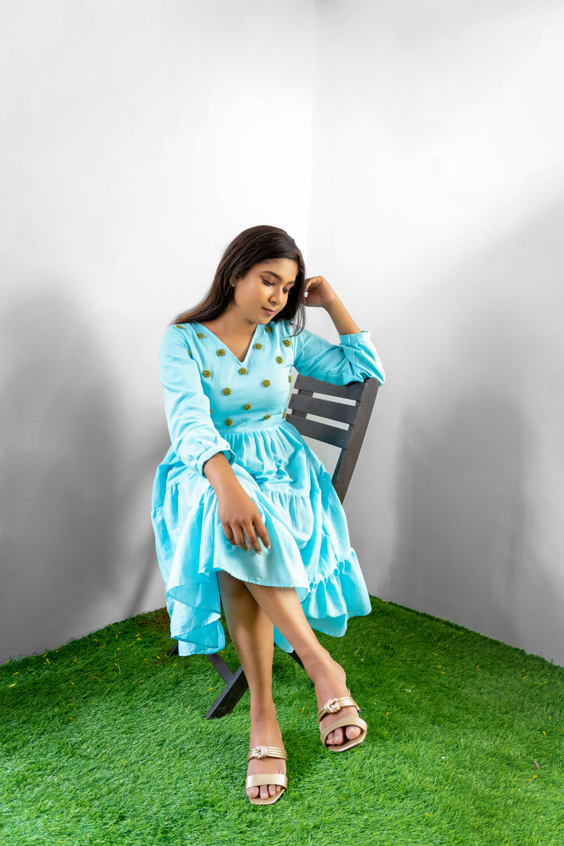 Skyblue Embroidery Mul cotton dress