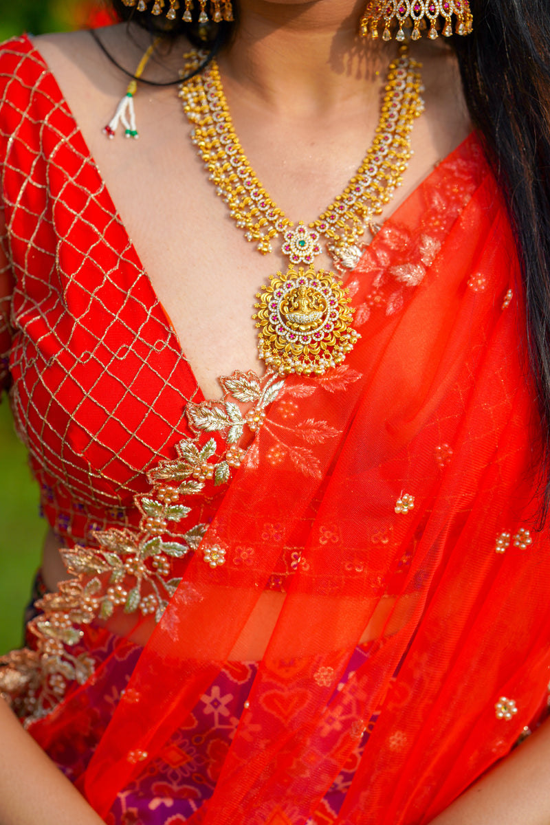 Violet Red Embroidery Silk  lehenga