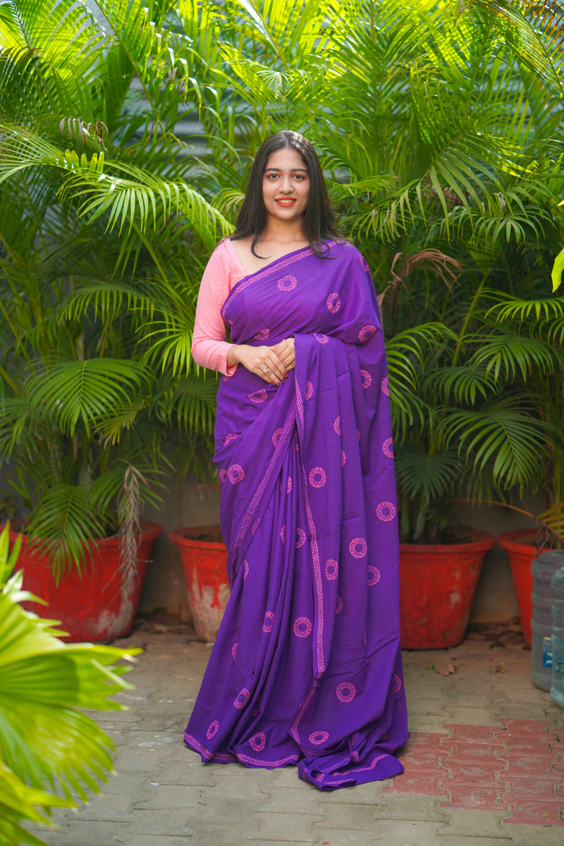 Violet mul cotton block printed saree